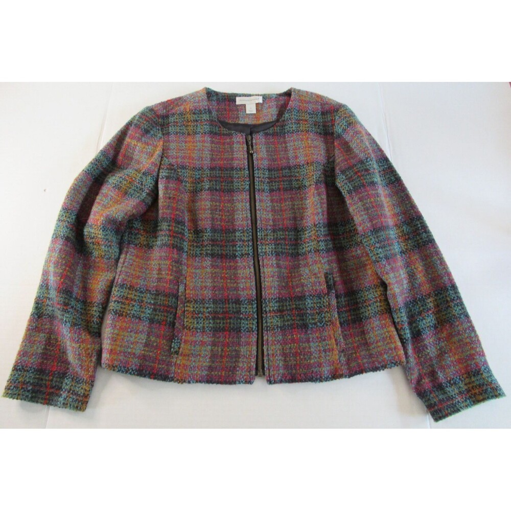 Christopher and Banks Pink/Aqua/Black Plaid Lined Full Zip Blazer/Jacket Size M